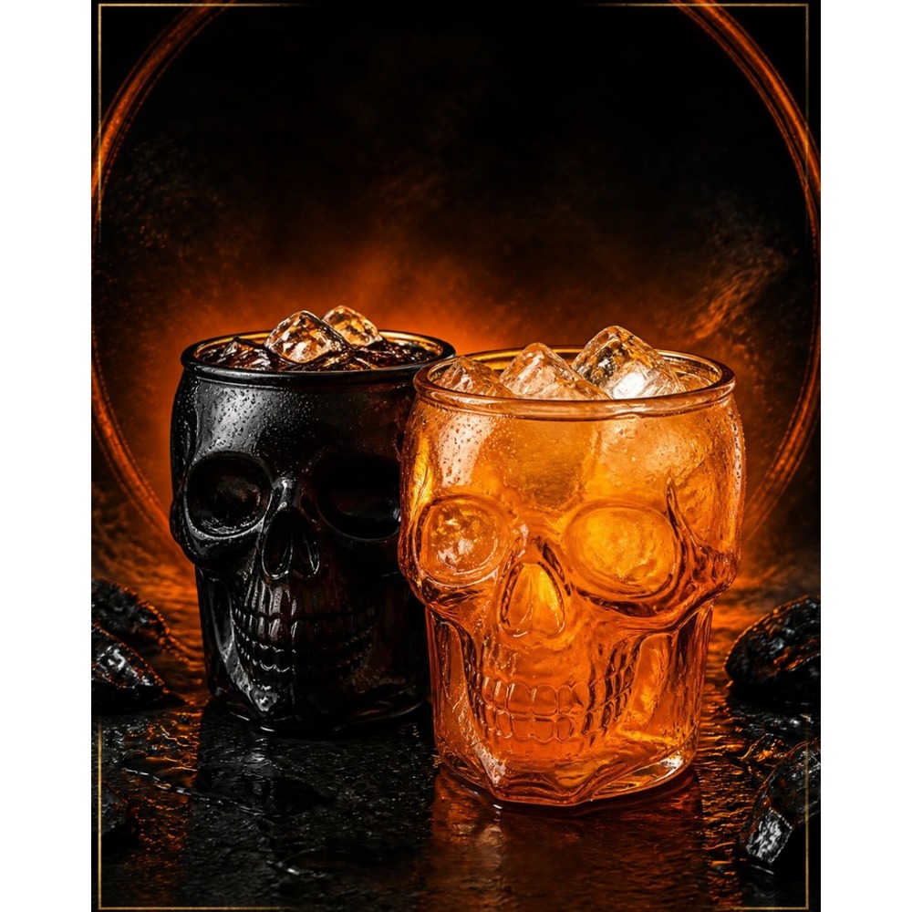 Skull Glass Mugs Unisex OS Orange Black New Gothic Halloween Barware 2 SET